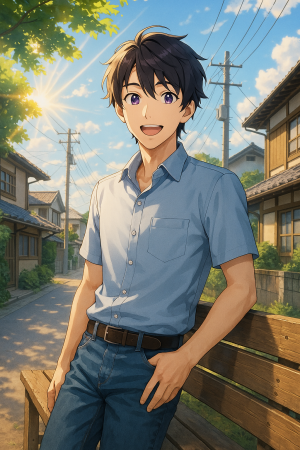 The boy in a traditional Japanese neighborhood